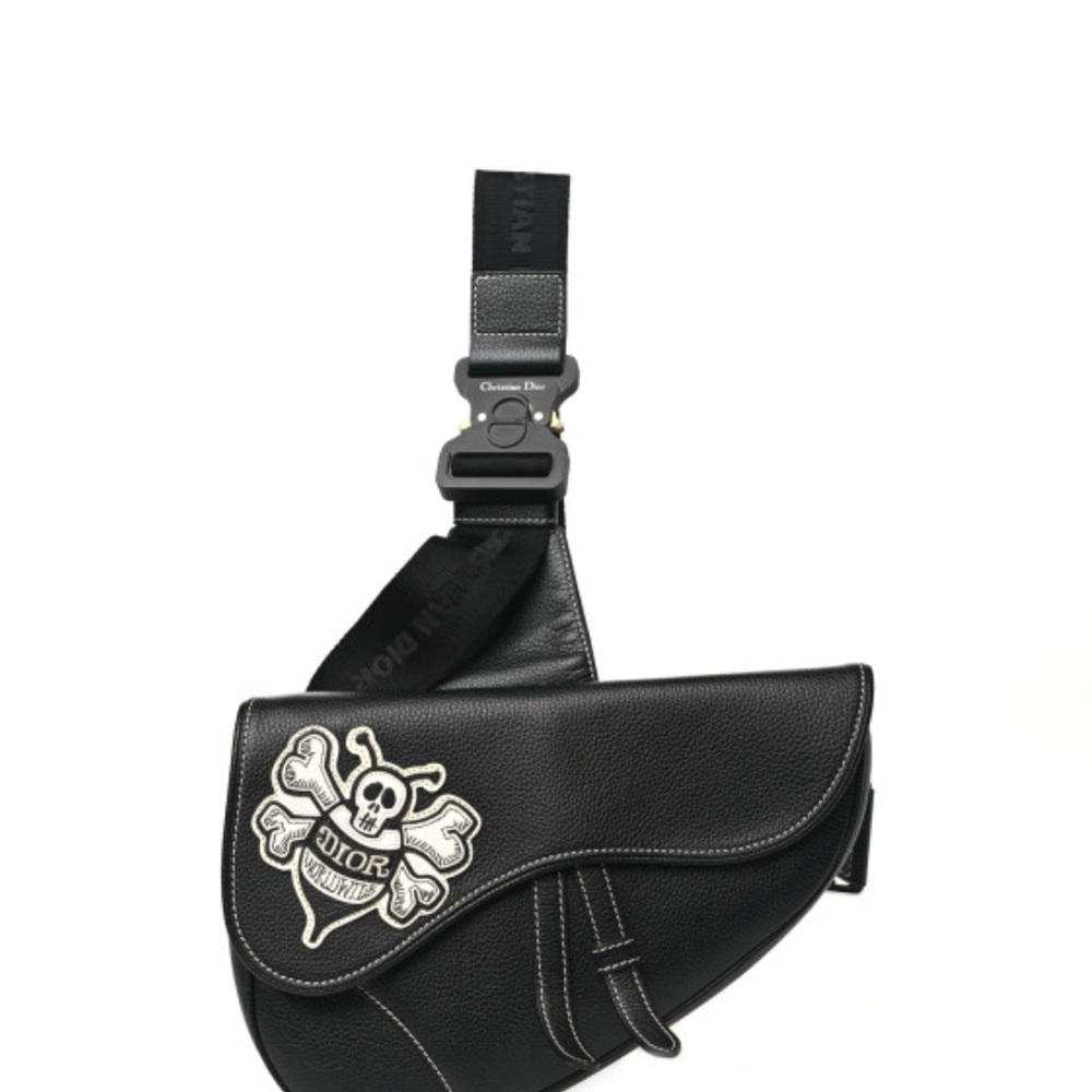 Christian Dior Shawn Stussy Saddle Crossbody Bag Leather with Applique Black